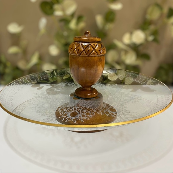 Vintage Mid Century Appetizer Pedistal Serving Tray Glass Wood Toothpick Holder
